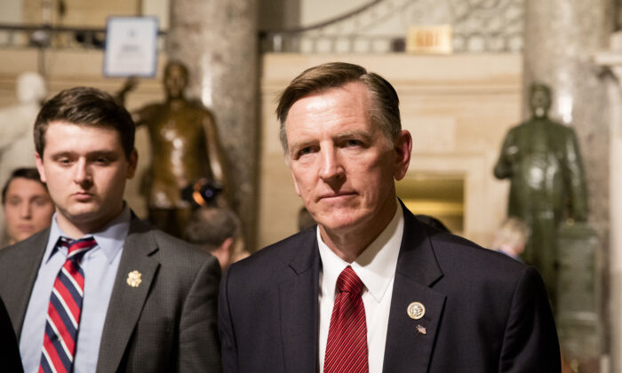 Rep. Paul Gosar (R-Ariz.) in the Statuary Hall of the Capitol building on the way to attending the State of the Union in Washington on Jan. 30, 2018. (Samira Bouaou/The Epoch Times)
