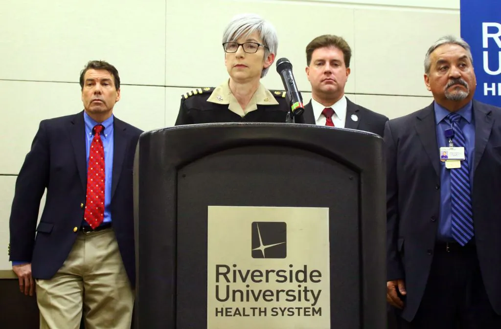 Director of the Division of Global Health Protection at the Centers for Disease Control, with Federal and Riverside County public health officials, provides an update on the flight that arrived at March Air Reserve Base from Wuhan, China, in Moreno Valley, Calif., on Jan. 29, 2020. (Matt Hartman/AFP via Getty Images)