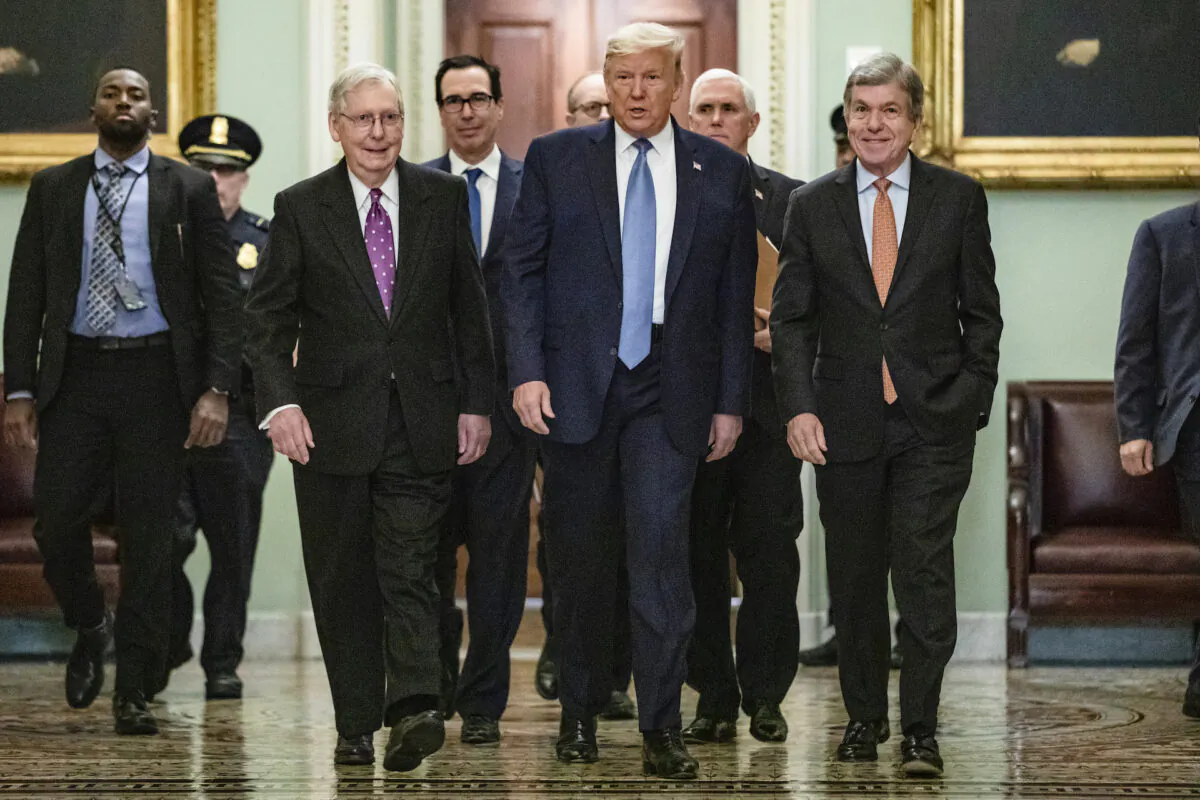 President Donald Trump arrives at the U.S. Capitol to attend the Republicans weekly policy luncheon in Washington on March 10, 2020. He is flanked by (L–R) Senate Majority Leader Mitch McConnell (R-Ky.), Treasury Secretary Steve Mnuchin, Vice President Mike Pence, and Republican Policy Committee Chairman Sen. Roy Blunt (R-Mo.). (Samuel Corum/Getty Images) 