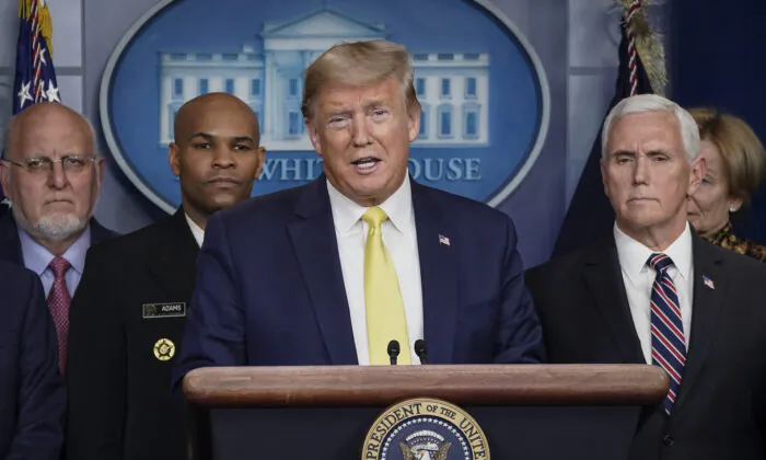 President Donald Trump speaks during a press briefing with members of the White House Coronavirus Task Force team in the press briefing room of the White House in Washington on March 9, 2020. (Drew Angerer/Getty Images)