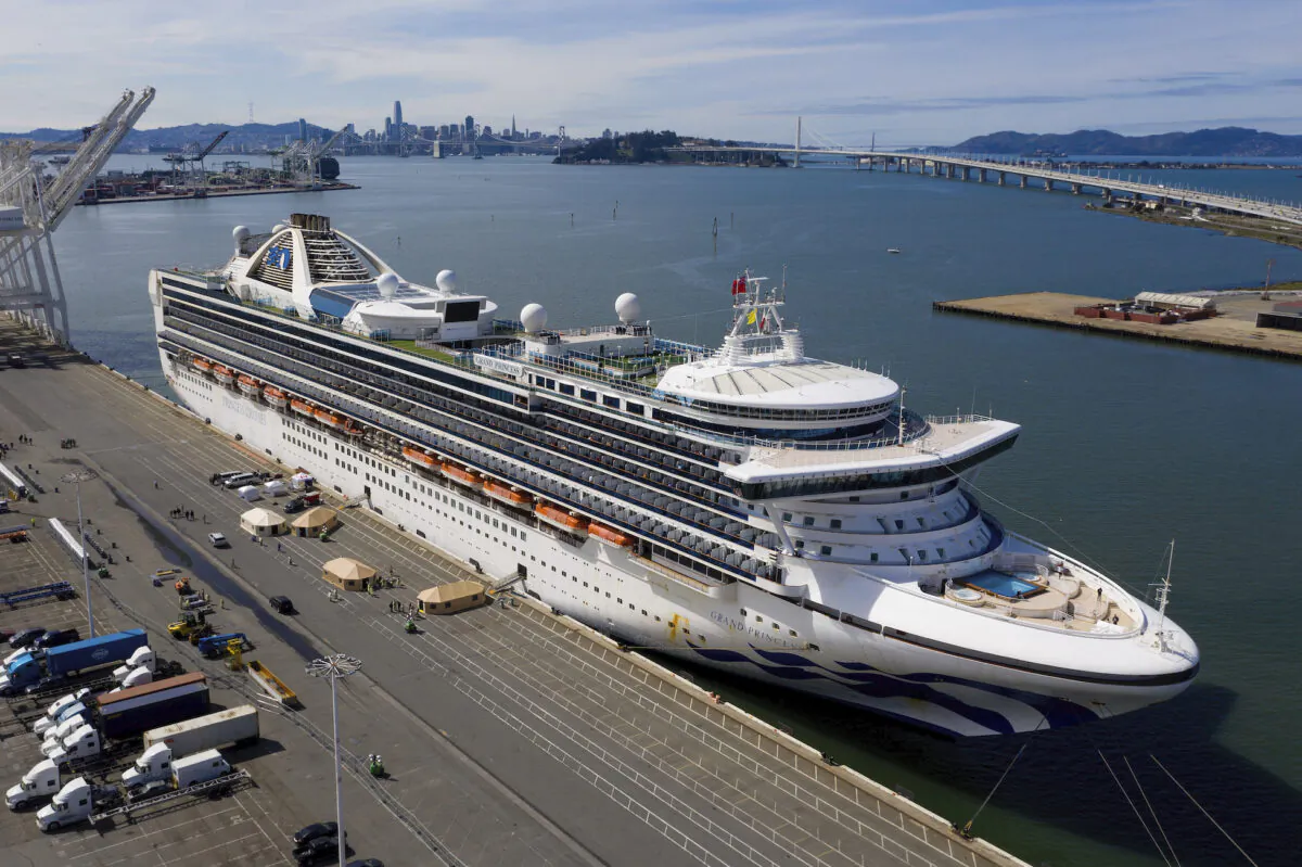 Tents stand on a wharf near the Grand Princess at the Port of Oakland in Oakland, Calif., on March 9, 2020. (Noah Berger/AP Photo)
