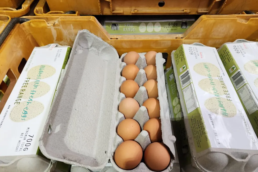 Eggs in a carton are seen at a supermarket in Albany, Western Australia, on June 10, 2024. (Susan Mortimer/The Epoch Times)
