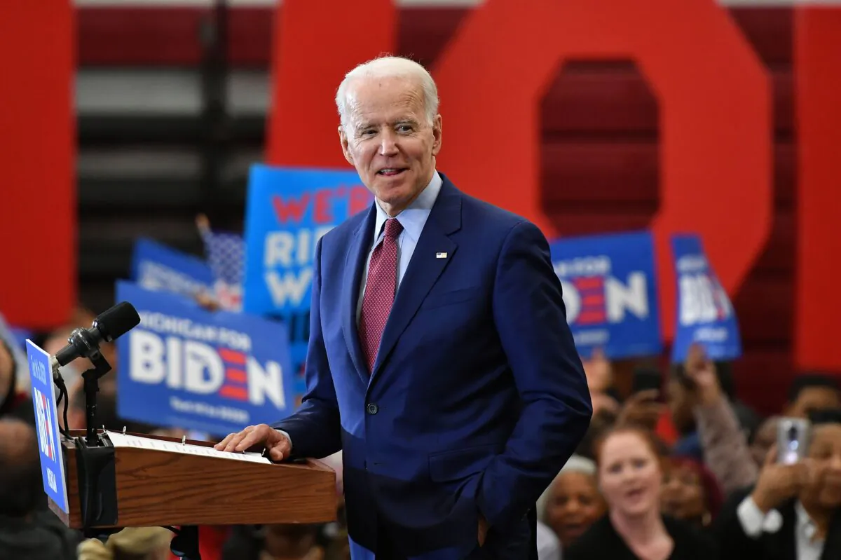 Democratic presidential candidate former Vice President Joe Biden speaks during a campaign rally at Renaissance High School in Detroit, Michigan, on March 9, 2020. (Mandel Ngan/AFP/Getty Images)