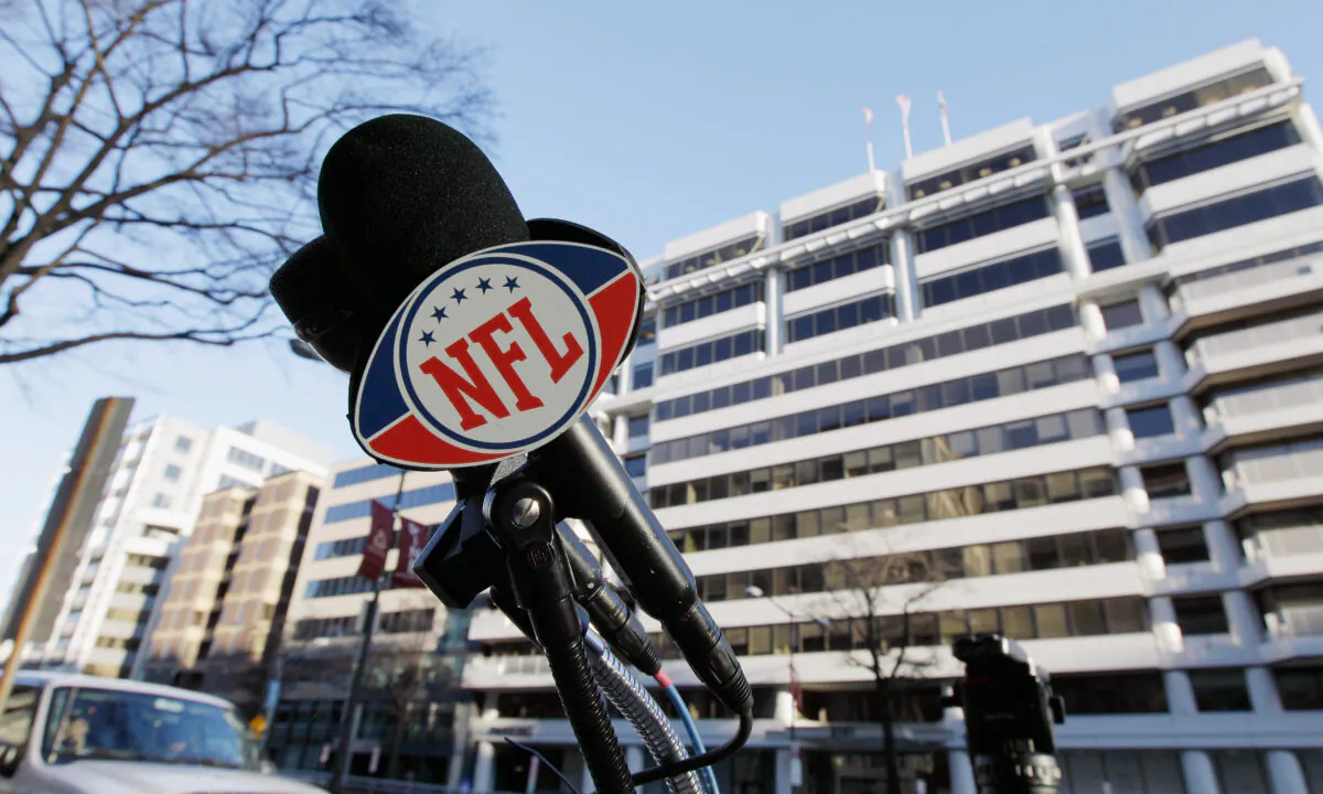 An NFL logo on a microphone is seen in Washington on March 2, 2011. (Rob Carr/Getty Images)