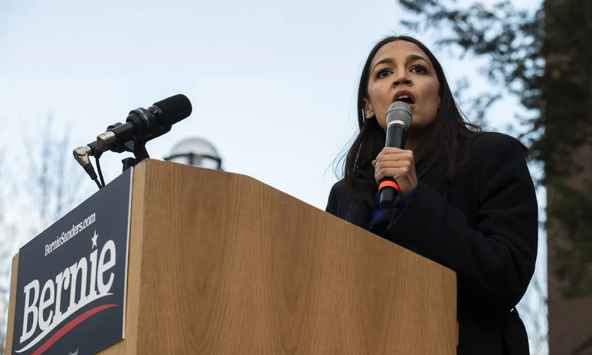 Rep. Alexandria Ocasio-Cortez (D-N.Y.) addresses supporters during a campaign rally for Democratic presidential candidate Sen. Bernie Sanders in Ann Arbor, Mich., on March 8, 2020. (Brittany Greeson/Getty Images)