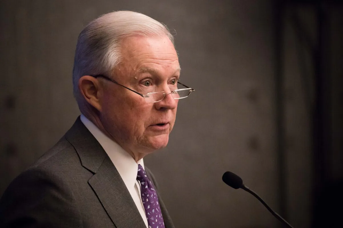 Former Attorney General Jeff Sessions speaks at an opioid roundtable in Washington on May 3, 2018. (Samira Bouaou/The Epoch Times)