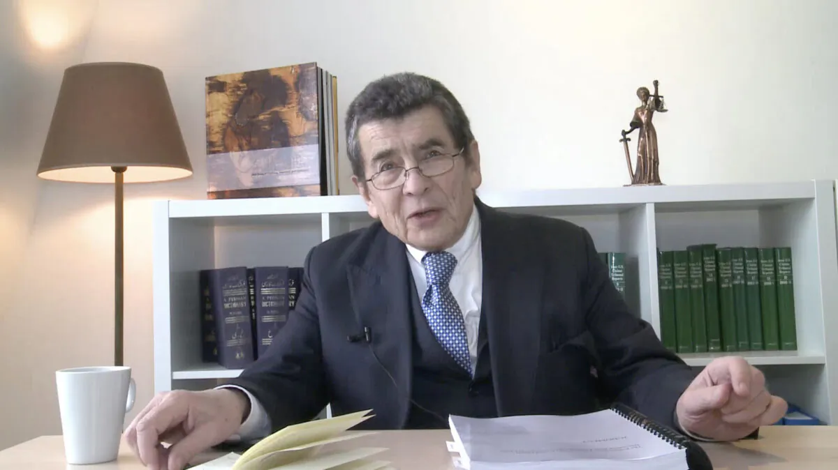 Sir Geoffrey Nice QC, chair of the China Tribunal, speaks via video at the Policy Forum on Organ Procurement and Extrajudicial Execution in China on Capitol Hill on March 10, 2020. (Courtesy of the China Tribunal and the Victims of Communism Memorial Foundation)