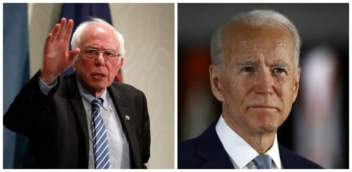 Sen. Bernie Sanders (I-Vt.), left, speaks after a CCP virus Public Health Roundtable at the Westin Detroit Metropolitan Airport in Romulus, Mich., on March 9, 2020; Democratic presidential candidate former Vice President Joe Biden speaks to members of the press at the National Constitution Center in Philadelphia on March 10, 2020. (Jeff Kowalsky/AFP via Getty Images; Matt Rourke/AP Photo)
