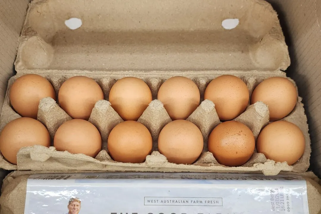 Eggs in a carton in a supermarket in Albany, Western Australia, on June 10, 2024. (Susan Mortimer/The Epoch Times)