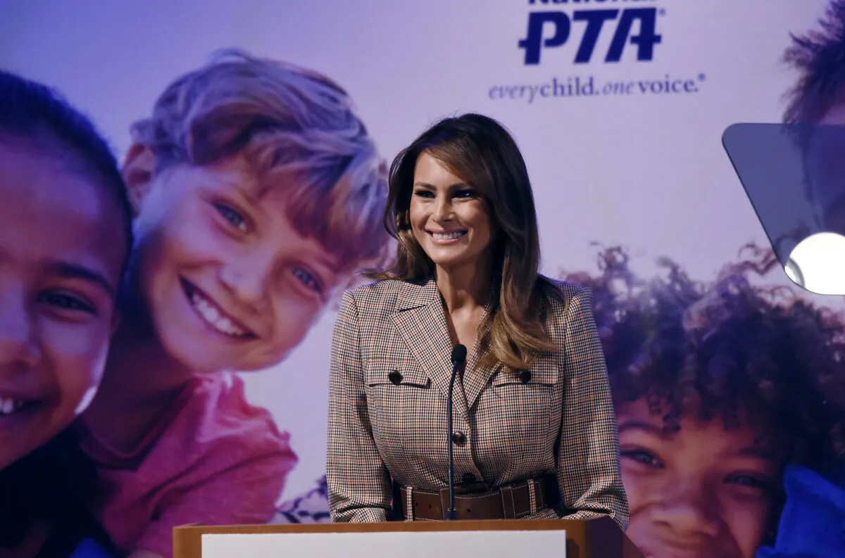 First Lady Melania Trump addresses the 2020 National Parent Teacher Association (PTA)  Legislative Conference at the Westin Alexandria Old Town in Alexandria, Virginia on March 10, 2020. (Olivier Douliery/AFP via Getty Images)