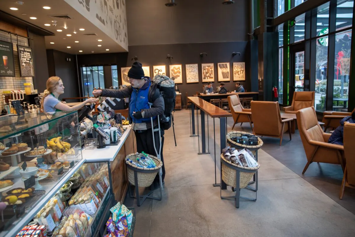 A Starbucks coffee shop sits at Amazon headquarters in downtown Seattle, Wash., on March 10, 2020. (John Moore/Getty Images)