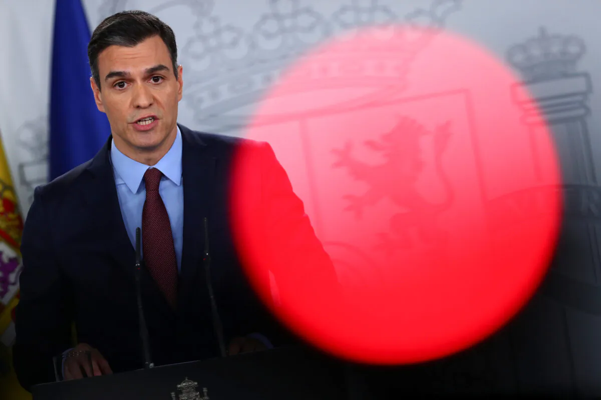 Spanish Prime Minister Pedro Sanchez speaks during a news conference after taking part in a conference call with European leaders at the Moncloa Palace in Madrid on March 10, 2020. (Sergio Perez/File/Reuters)