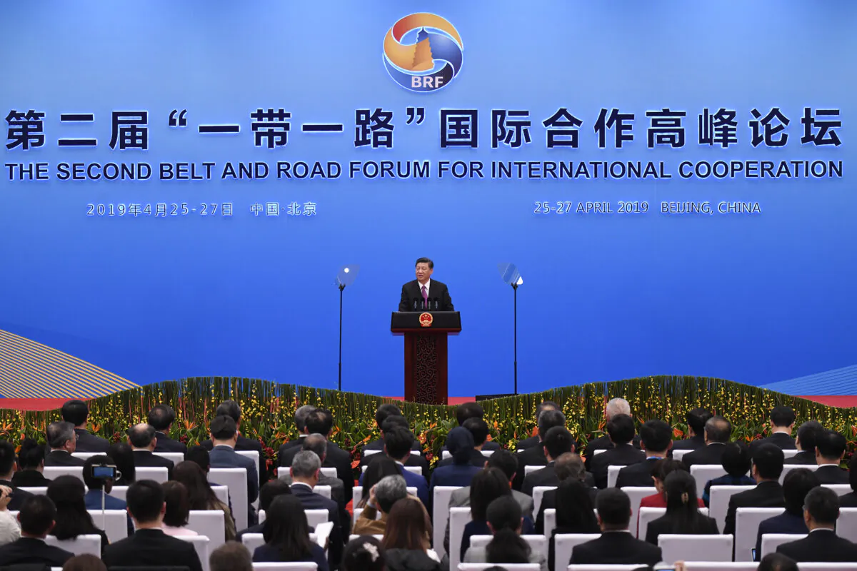 Chinese leader Xi Jinping gives a speech at a press conference after the Belt and Road Forum at the China National Convention Center in Beijing, China, on April 27, 2019. (Wang Zhao/Getty Images)