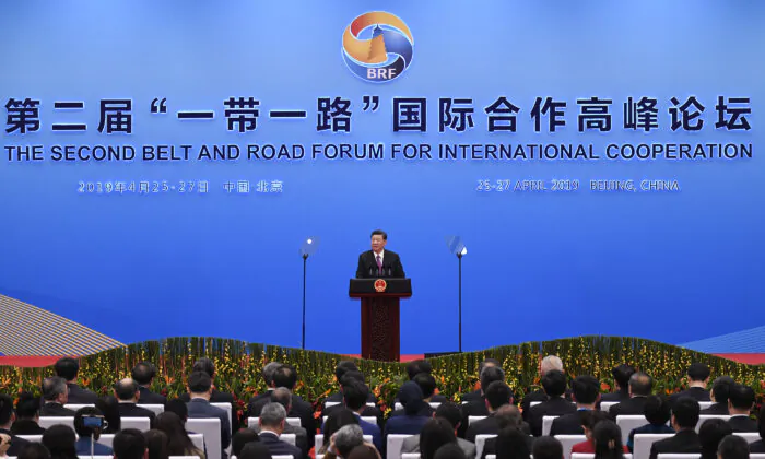 Chinese leader Xi Jinping gives a speech at a press conference after the Belt and Road Forum at the China National Convention Center in Beijing, China, on April 27, 2019. (Wang Zhao/Getty Images)