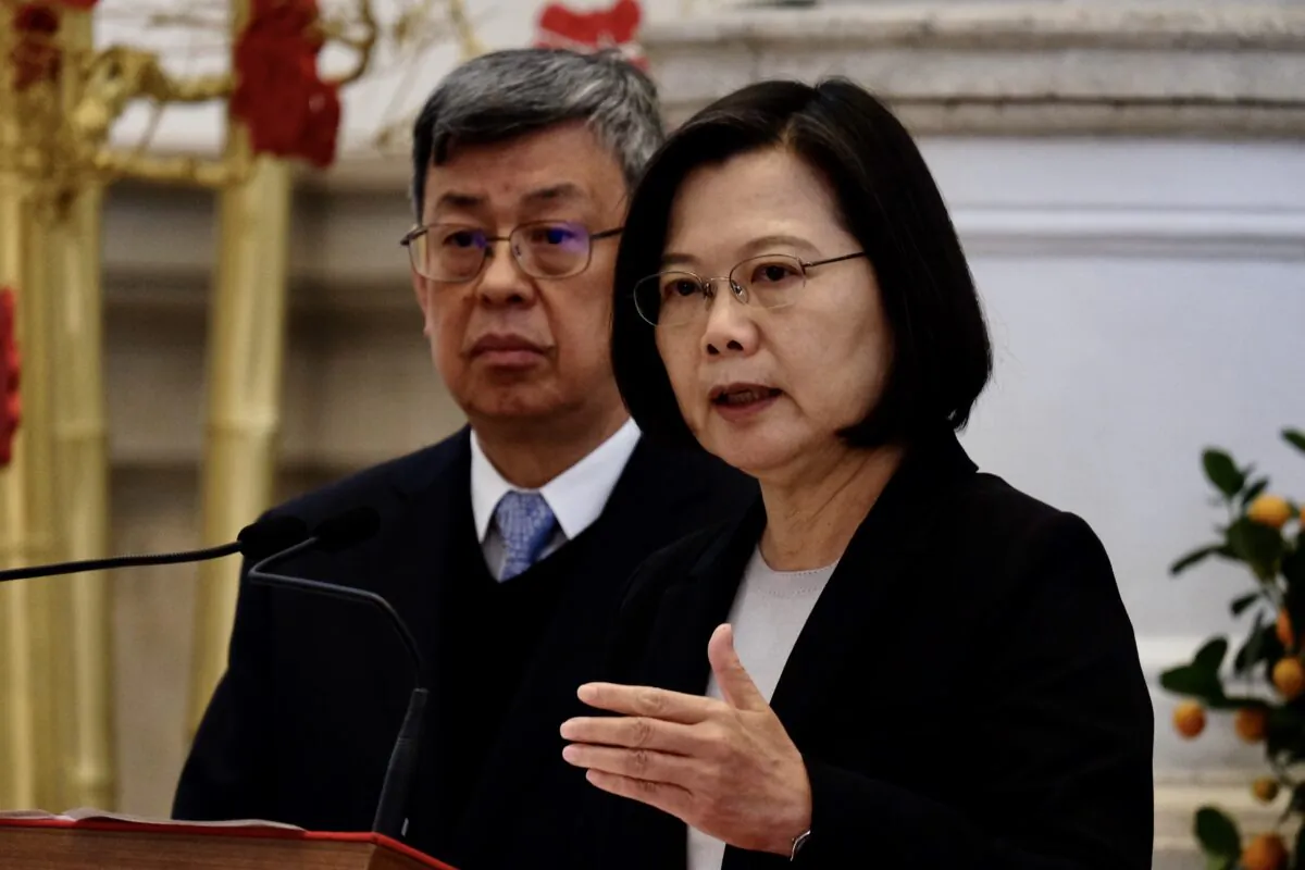 Taiwan President Tsai Ing-wen speaks during a press conference at the presidential office as Vice President Chen Chien-jen looks on in Taipei on Jan. 22, 2020. (Sam Yeh/AFP via Getty Images)