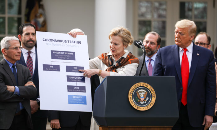 White House Coronavirus Response Coordinator Debbie Birx holds a chart showing how the coronavirus testing process will work, during a press conference led by President Donald Trump, who announced a national emergency with regard to the coronavirus in the White House Rose Garden in Washington on March 13, 2020. (Charlotte Cuthbertson/The Epoch Times)