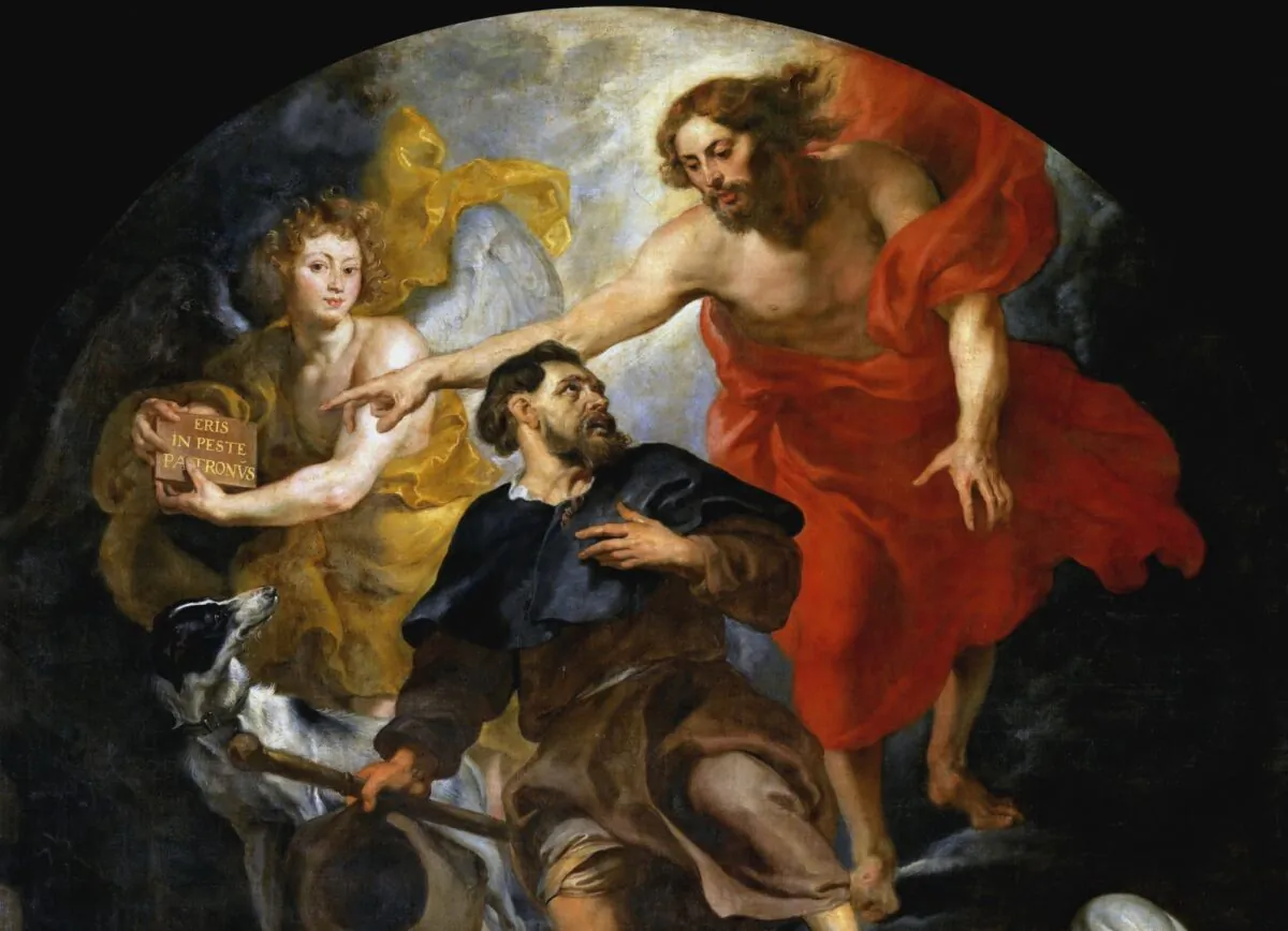 A detail from “Christ Appointing Saint Roch as Patron Saint of Plague Victims,” circa 1623–1626, by Peter Paul Rubens. Oil on Canvas. St. Martin’s Church in Aalst, Belgium. (Public Domain)