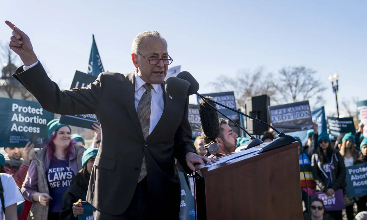 Senate Minority Leader Sen. Chuck Schumer (D-N.Y.) speaks in an abortion rights rally outside of the Supreme Court in Washington on March 4, 2020. (Sarah Silbiger/Getty Images)