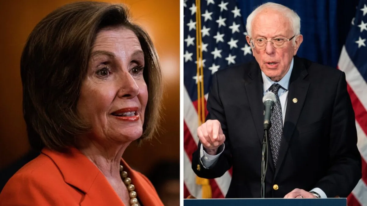 (L-R) House Speaker Nancy Pelosi (D-Calif.) attends a press conference in the Rayburn Room of the U.S. Capitol in Washington on Feb. 5, 2020. (Sarah Silbiger/Getty Images) Democratic presidential candidate Sen. Bernie Sanders (I-Vt.) delivers a campaign update at the Hotel Vermont in Burlington, Vt., on March 11, 2020. (Scott Eisen/Getty Images)