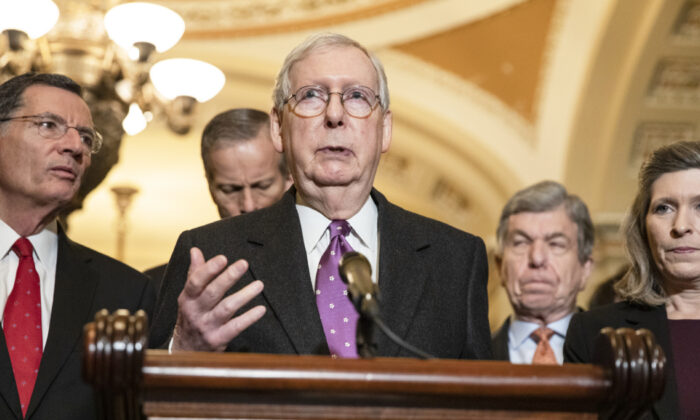 Senate Majority Leader Mitch McConnell (R-Ky.) speaks to reporters following the Senate Republican policy luncheon in Washington on March 10, 2020. (Samuel Corum/Getty Images)