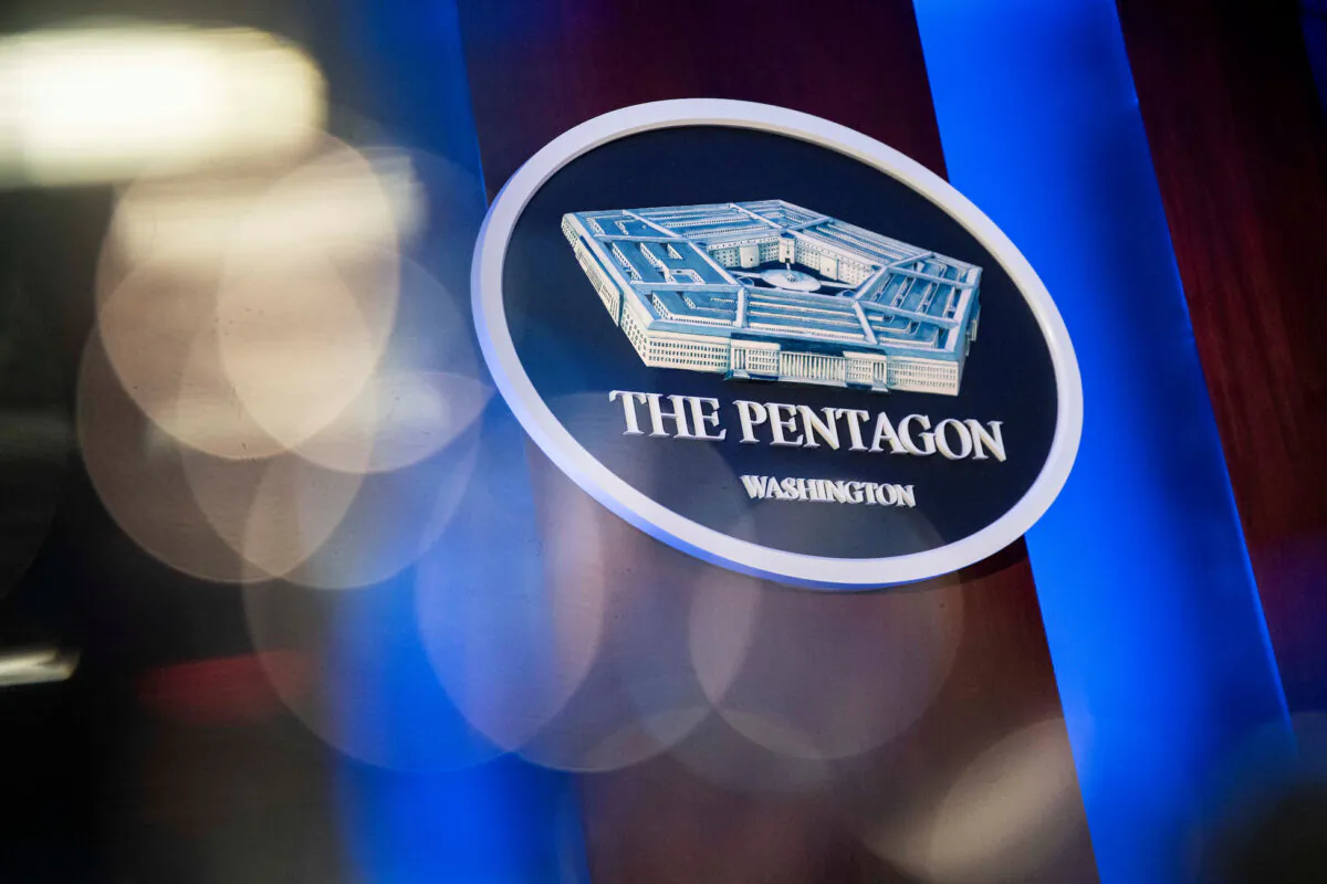 The Pentagon logo behind the podium in the briefing room at the Pentagon in Arlington, Va., on Jan. 8, 2020. (Al Drago/Reuters)