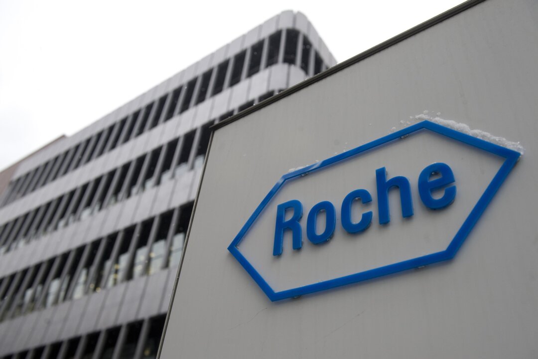The logo of Swiss pharmaceutical giant Roche is seen in Basel in a file photograph. (Sebastien Bozon/AFP via Getty Images)