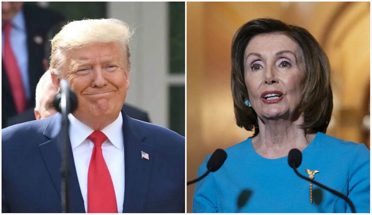 L: President Donald Trump at the Rose Garden of the White House in Washington on March 13, 2020. (Saul Loeb/AFP via Getty Images) R: Speaker of the House Nancy Pelosi (D-Calif.) makes a statement about a coronavirus aid package, on Capitol Hill in Washington on March 13, 2020. (J. Scott Applewhite/AP Photo)