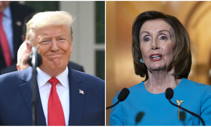 L: President Donald Trump at the Rose Garden of the White House in Washington on March 13, 2020. (Saul Loeb/AFP via Getty Images) R: Speaker of the House Nancy Pelosi (D-Calif.) makes a statement about a coronavirus aid package, on Capitol Hill in Washington on March 13, 2020. (J. Scott Applewhite/AP Photo)