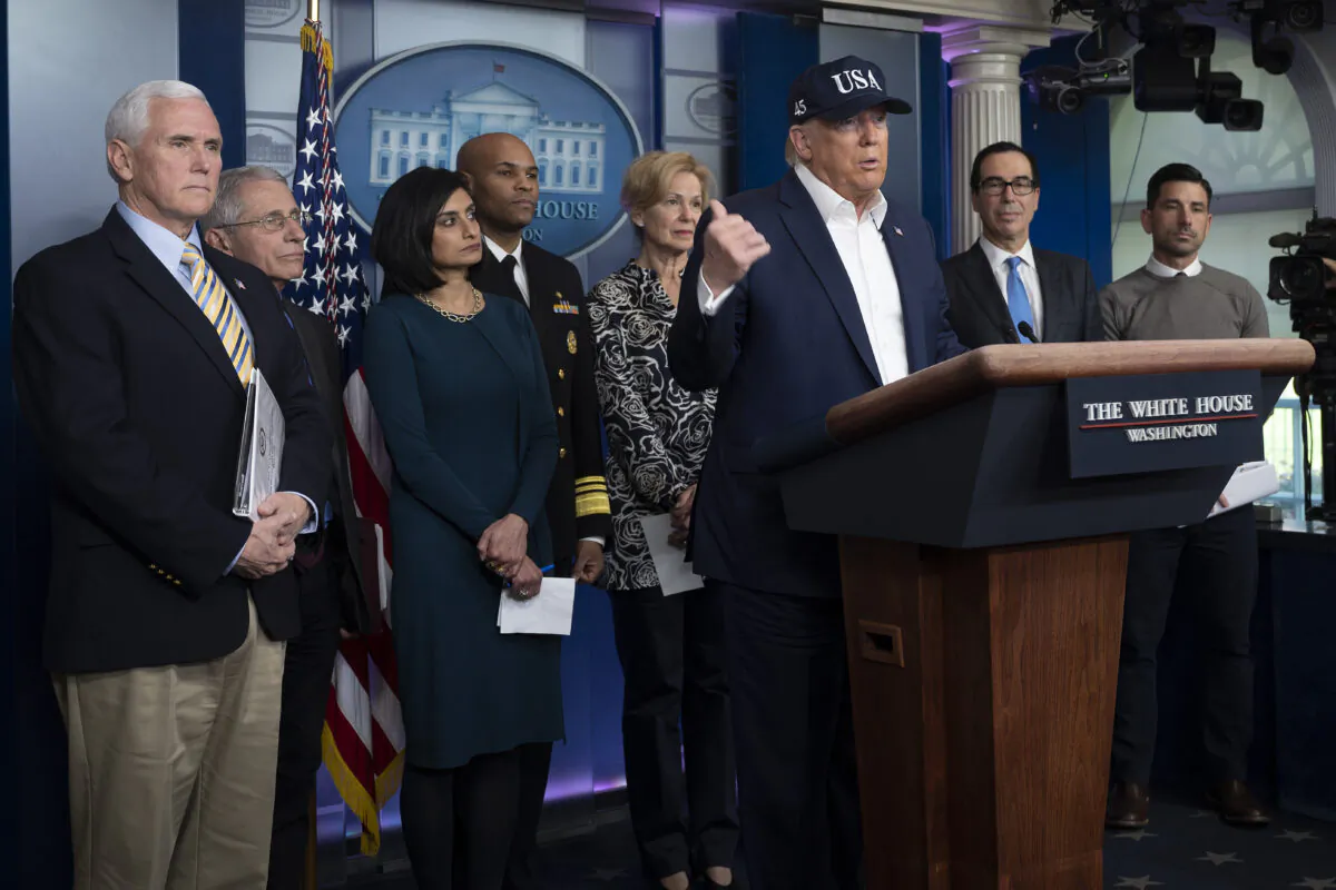 President Donald Trump speaks as Vice President Mike Pence, left, listens during a press briefing about the coronavirus alongside members of the Coronavirus Task Force in the Brady Press Briefing Room at the White House in Washington on March 14, 2020. (Jim Watson/AFP via Getty Images)