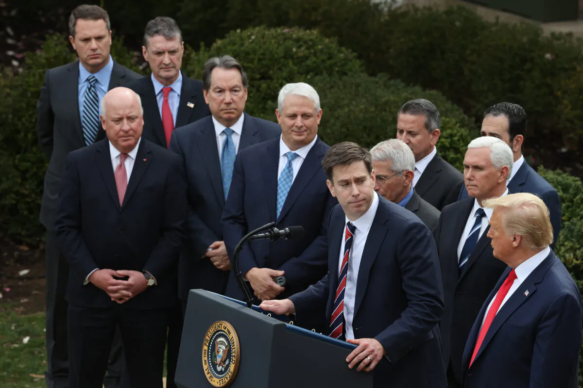 Roche Diagnostics Corporation CEO Matthew Sause delivers remarks during a news conference in which U.S. President Donald Trump announced the declaration of a national emergency in reaction to the ongoing global coronavirus pandemic in the Rose Garden at the White House March 13, 2020 in Washington. (Chip Somodevilla/Getty Images)