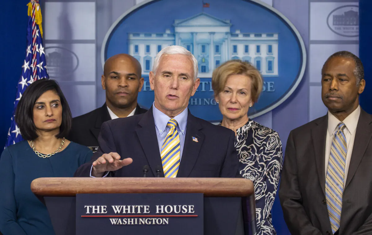 Vice President Mike Pence speaks at a White House press briefing in Washington, on March 14, 2020. (Tasos Katopodis/Getty Images)