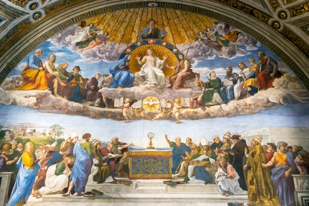 Goodness, truth, and beauty will triumph. The Renaissance fresco by Raphael in Stanze di Raffaello, Vatican Museum, Italy. Old Roman wall painting in former papal palace. (Viacheslav Lopatin/Shutterstock)
