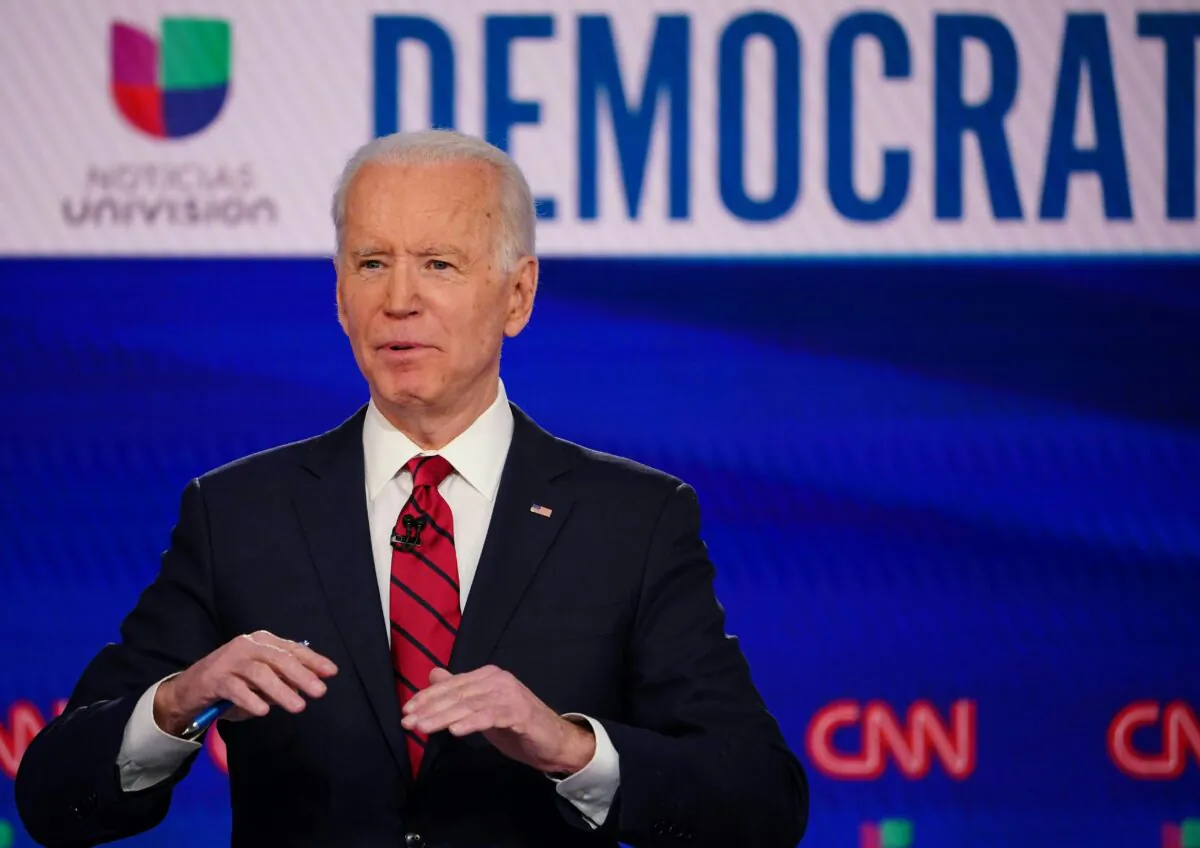 Democratic presidential hopeful former vice president Joe Biden makes a point as he and Senator Bernie Sanders take part in the 11th Democratic Party 2020 presidential debate in a CNN Washington Bureau studio in Washington, DC on March 15, 2020. (Mandel Ngan/AFP via Getty Images)