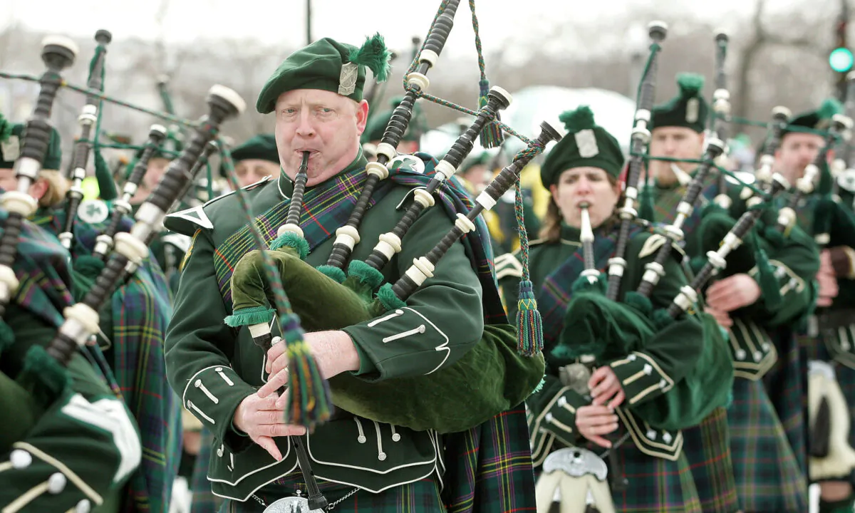 Bagpipe members of the Shannon Rovers Pipe Band are seen in the St. Patrick's Day parade in Chicago, Ill., on March 12, 2005. (Tim Boyle/Getty Images)