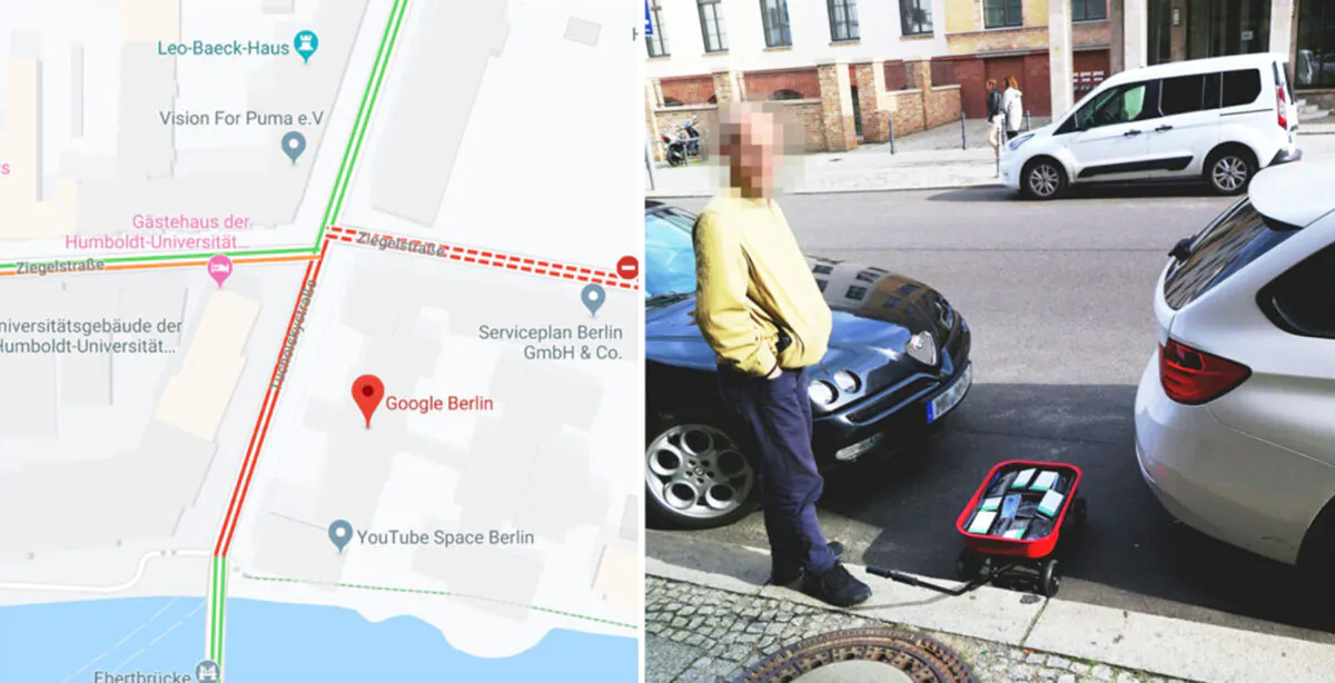 (Left: Screenshot/Google Maps); (Right: Courtesy of Simon Weckert)