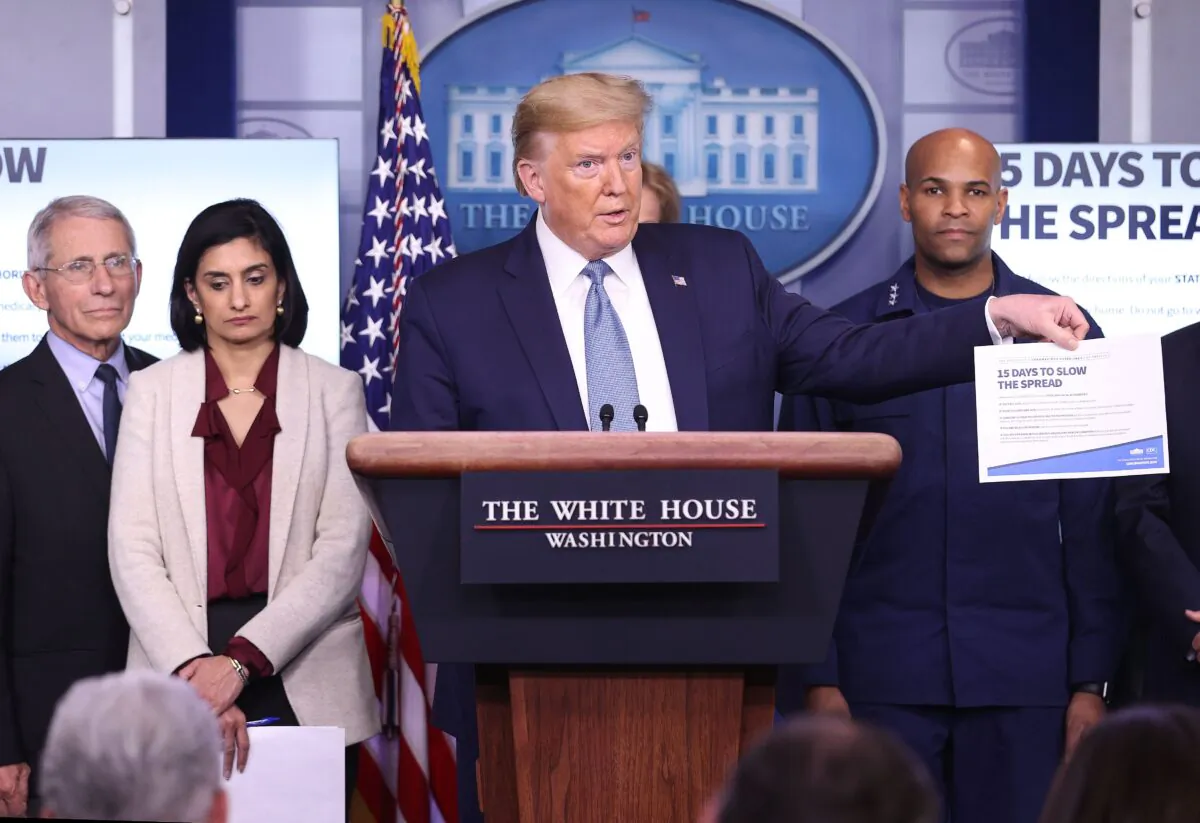 President Donald Trump, flanked by members of the Coronavirus Task Force, speaks to the media in the press briefing room at the White House on March 16, 2020. (Win McNamee/Getty Images)