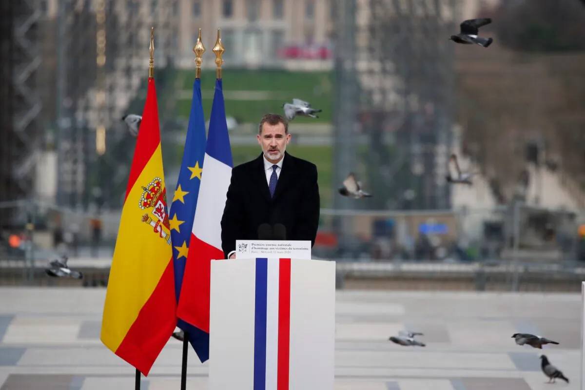 Spain's King Felipe VI delivers his speech during a ceremony to honor victims of terror attacks in Europe, on the 16th anniversary of Madrid attacks, at the Trocadero in Paris, France, on March 11, 2020. (Francois Mori/AP Photo)