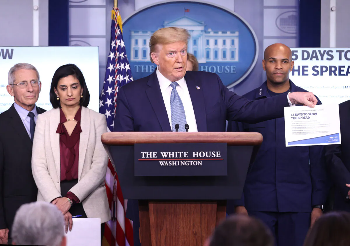 President Donald Trump flanked by members of the Coronavirus Task Force, speaks to the media in the press briefing room at the White House on March 16, 2020. (Win McNamee/Getty Images)