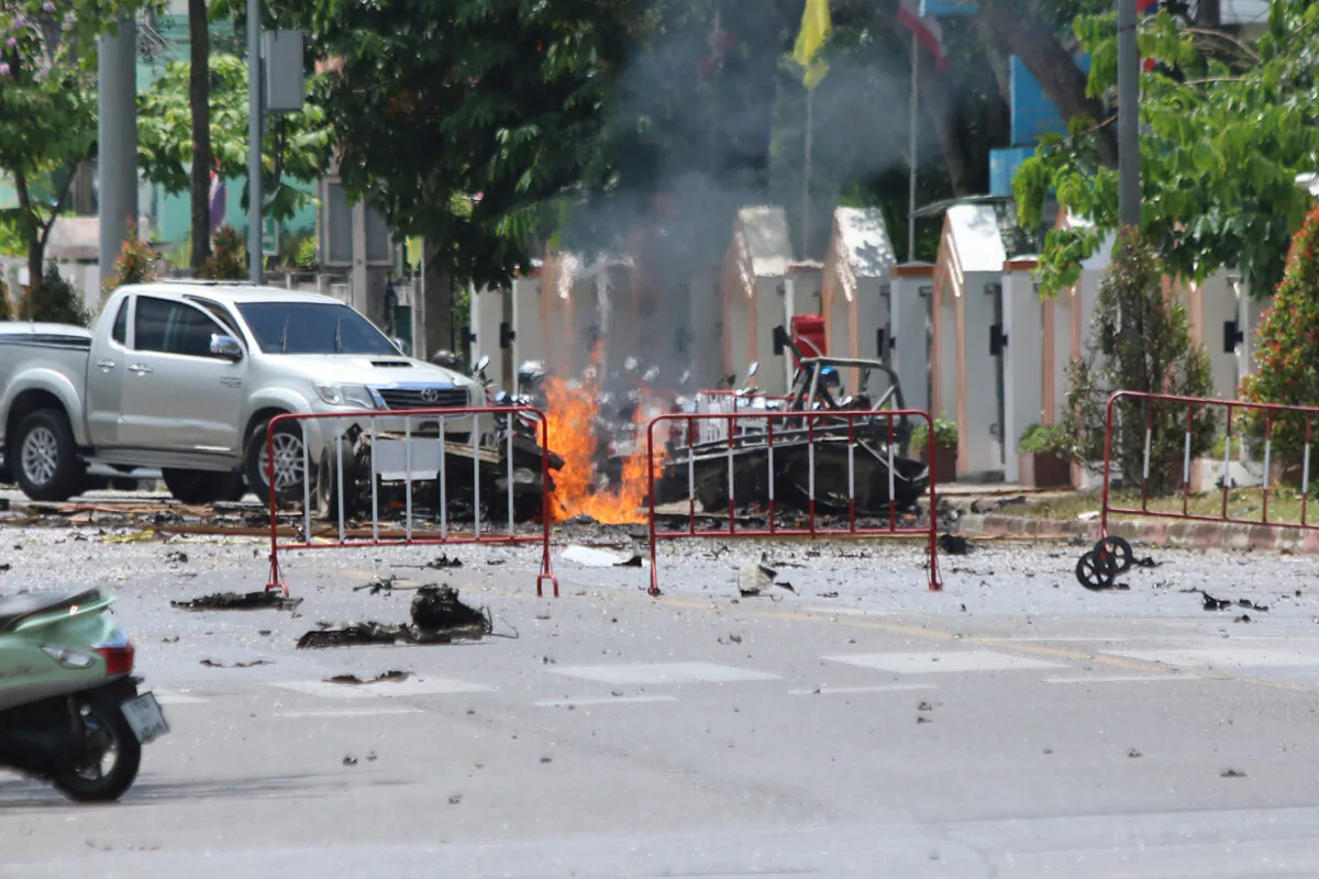 A car bomb in front of the government's Southern Border Provinces Administrative Center in Yala, Thailand, on March 17, 2020. (Surapan Boonthanom/Reuters)