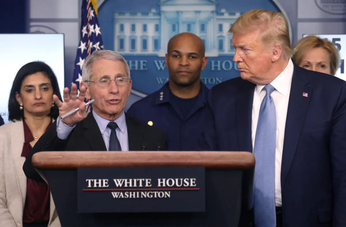 President Donald Trump listens as Director of the National Institute of Allergy and Infectious Diseases Anthony Fauci, a member of the White House coronavirus task force, answers a question about the virus and the current U.S. outbreak during a news briefing at the White House on March 16, 2020. (Leah Millis/Reuters)