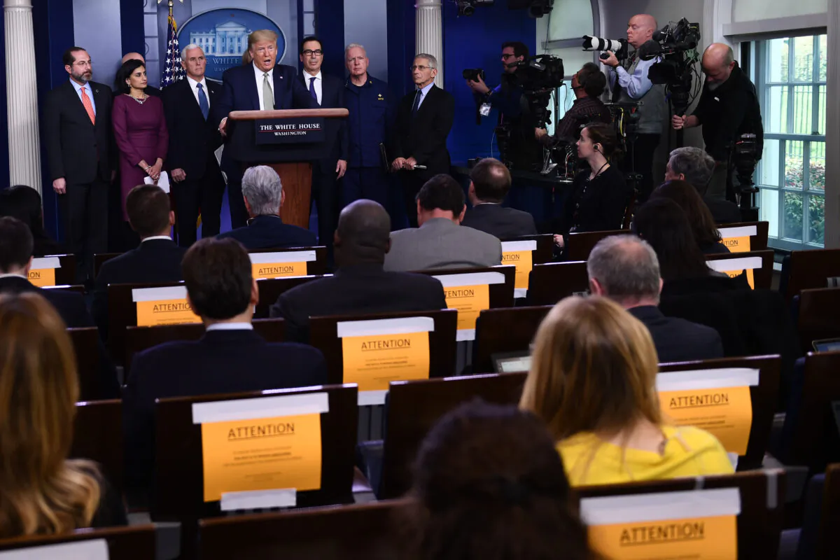 President Donald Trump opens the daily press briefing on the coronavirus pandemic situation at the White House in Washington on March 17, 2020. (Brendan Smialowski/AFP via Getty Images)