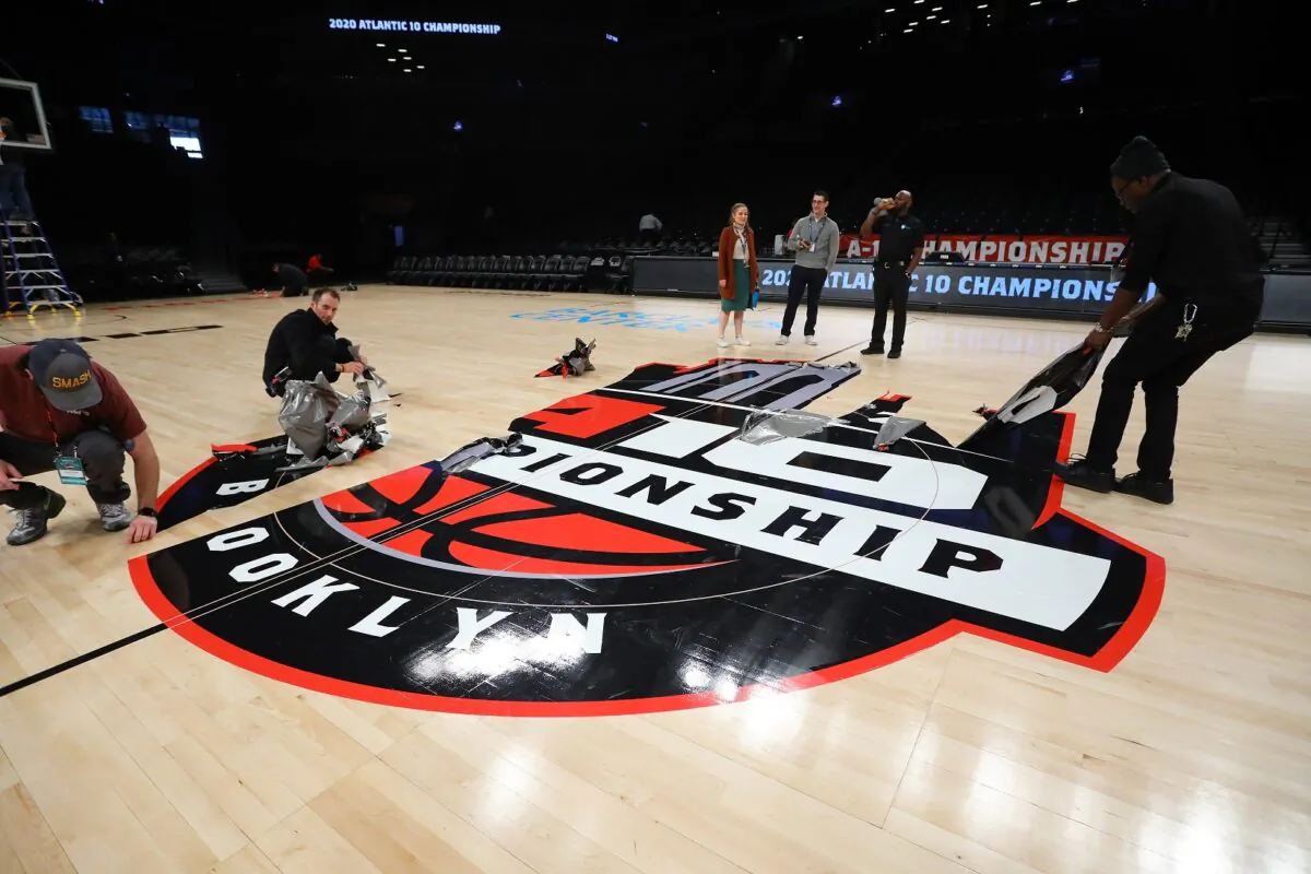The court is dismantled following the announcement that the 2020 Atlantic 10 Men's Basketball Tournament has been cancelled due to the Wuhan Virus in the Brooklyn Borough of New York City on March 12, 2020. (Mike Stobe/Getty Images)