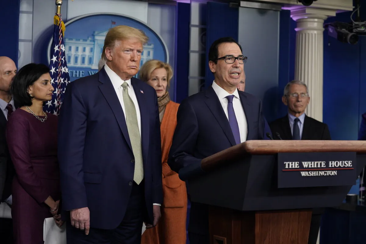 Treasury Secretary Steven Mnuchin speaks during a press briefing with the Coronavirus Task Force as President Donald Trump looks on, at the White House on March 17, 2020. (AP Photo/Evan Vucci)