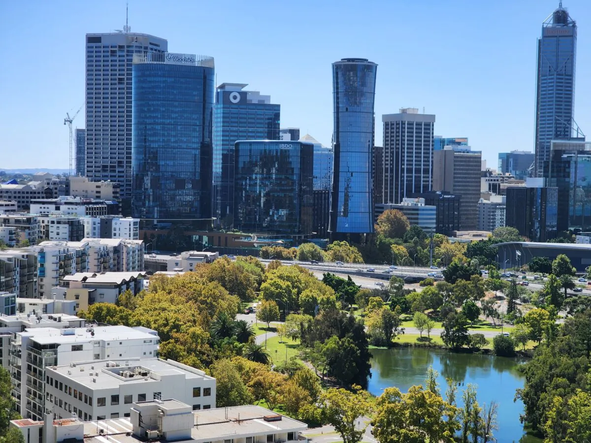 The CBD skyscrapers can be seen in Perth, Western Australia, on March 16, 2024. (Susan Mortimer/The Epoch Times)