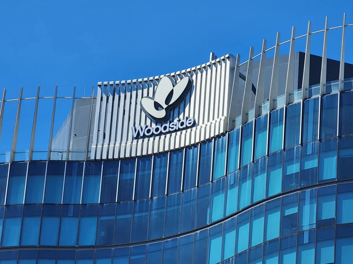 A Woodside logo is seen in Perth, Western Australia, on March 16, 2024. (Susan Mortimer/The Epoch Times)