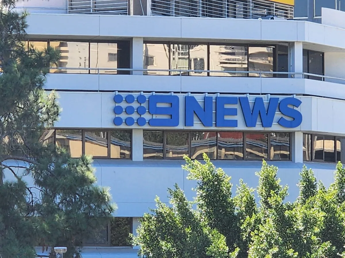 A 9News logo is seen in Perth, Western Australia, on March 16, 2024. (Susan Mortimer/The Epoch Times)