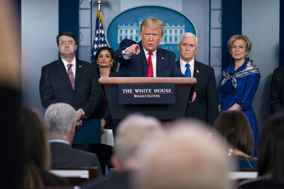 President Donald Trump speaks during press briefing with the coronavirus task force, at the White House in Washington on March 18, 2020, as Veterans Affairs Secretary Robert Wilkie, Administrator of the Centers for Medicare and Medicaid Services Seema Verma, Vice President Mike Pence and Dr. Deborah Birx, White House coronavirus response coordinator, listen (Evan Vucci/AP Photo)