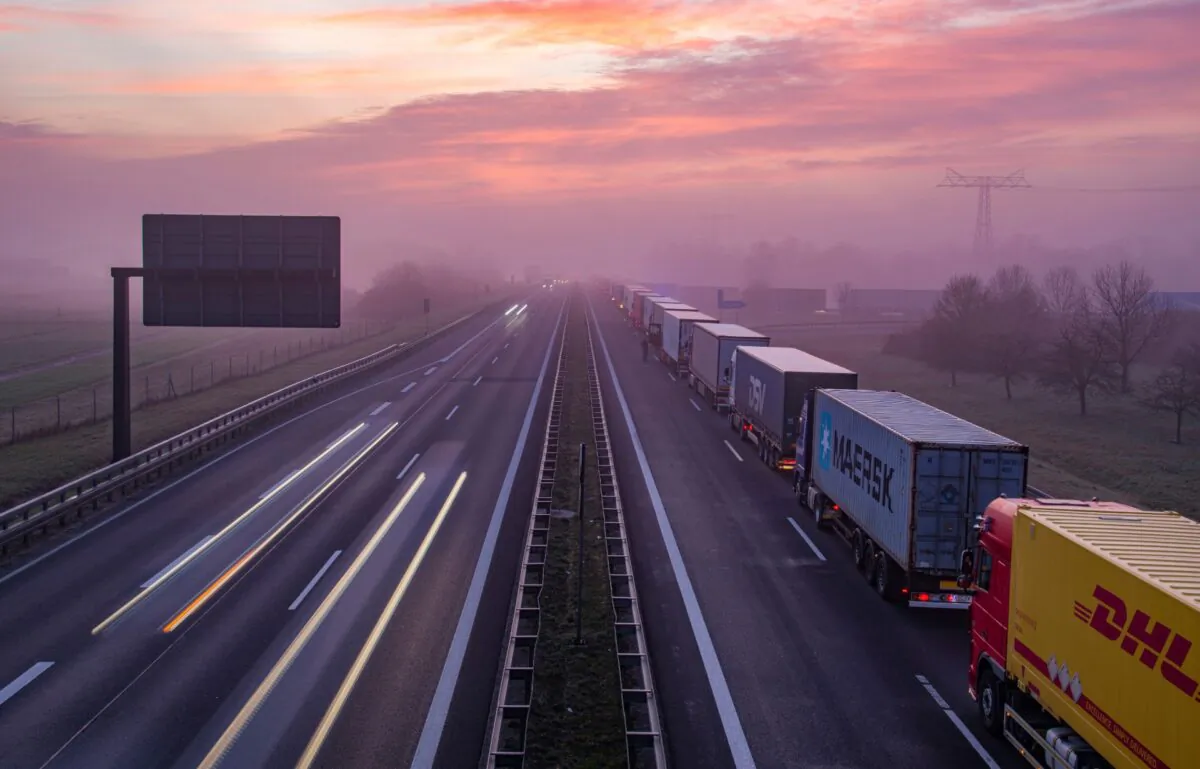 Trucks are jammed in the early morning on Autobahn 12 in front of the German-Polish border crossing near Frankfurt (Oder), Germany, on March 18, 2020. (Patrick Pleul/dpa via AP)