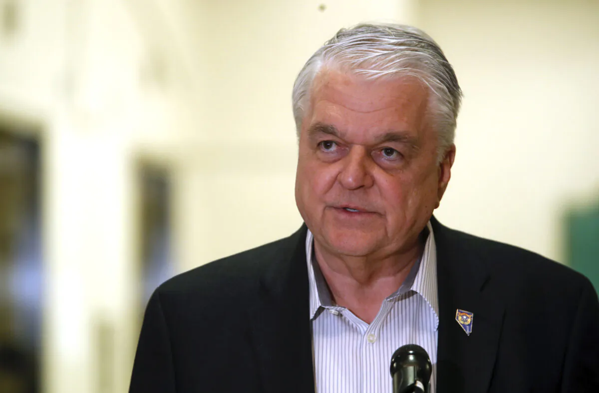 Nevada Gov. Steve Sisolak speaks during a news conference at the Sawyer State Building in Las Vegas, Nevada, on March 17, 2020. (Steve Marcus/Las Vegas Sun via AP)