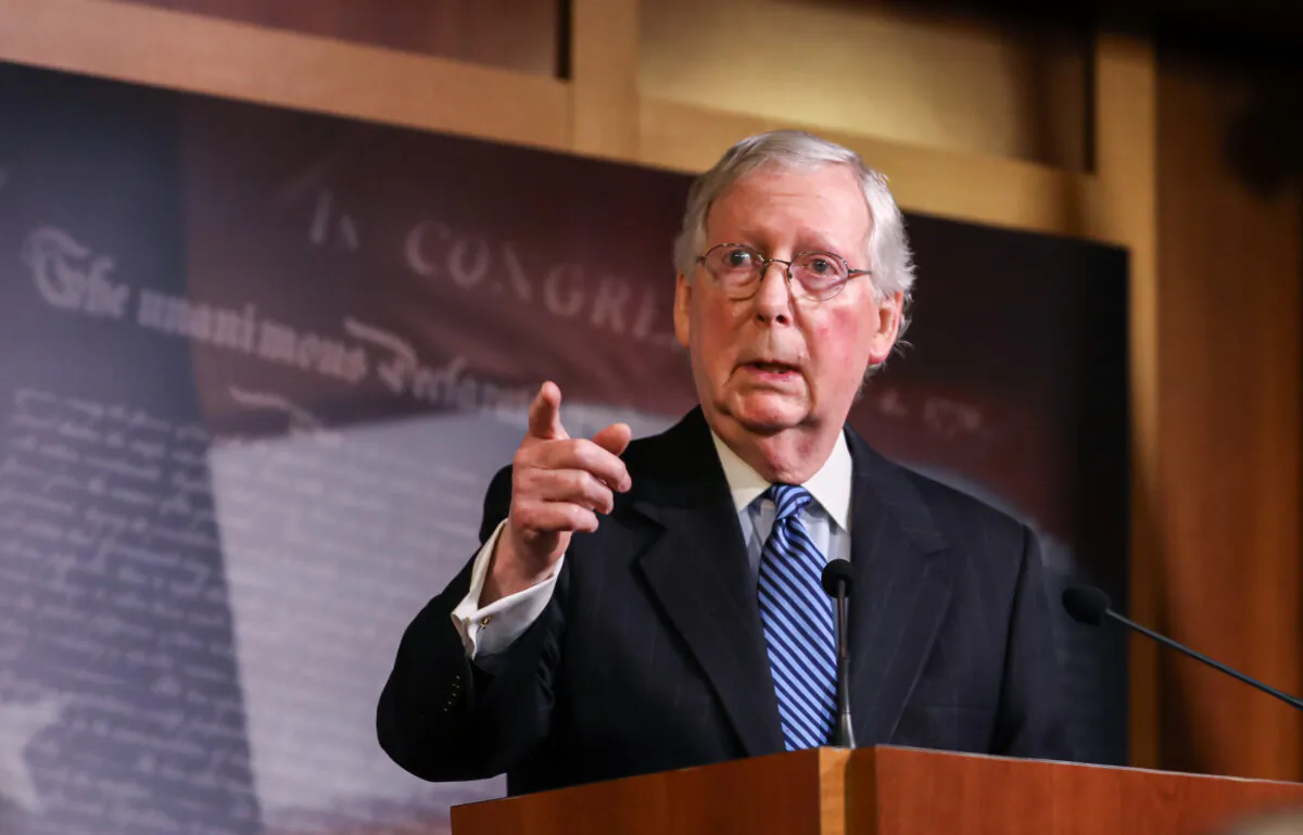 Senate Majority Leader Sen. Mitch McConnell (R-Ky.) speaks to media at the Capitol in Washington on Feb. 5, 2020. (Charlotte Cuthbertson/The Epoch Times)